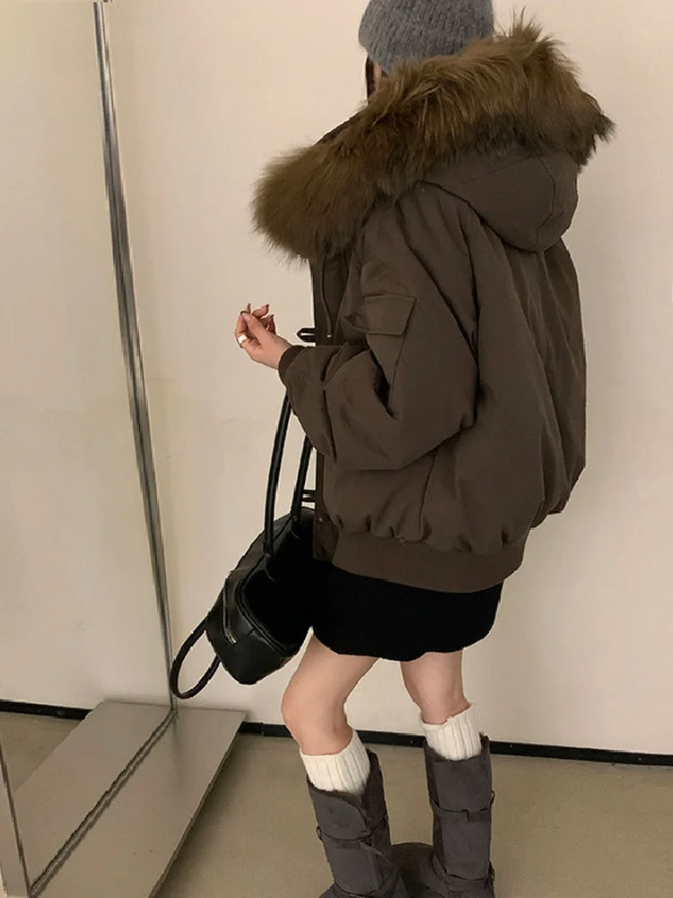 معطف بقلنسوة كوري منتفخ للنساء من Warmth مع ياقة من الفرو بتصميم Utili ket معطف Thiened Du down