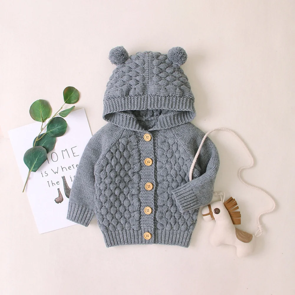 Baywell Infant Knitted Cardigan Sweater Spring Autumn Solid Fur Ball Hooded Baby Boys Girls Clothing Sweaters