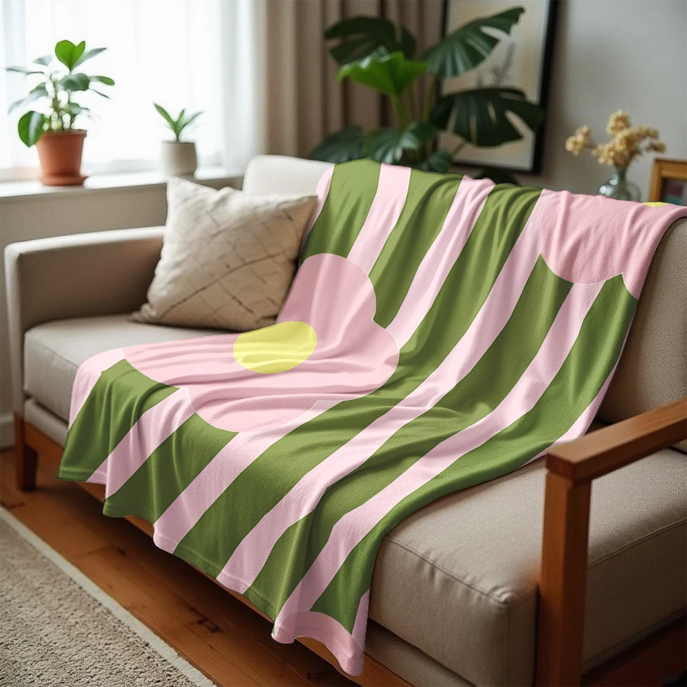 Two Tone Stripe Pink Bloom Soft Flannel Blanket Breathable Warm Throw for Office Car Sofa Kids Room Birthday Xmas Gift