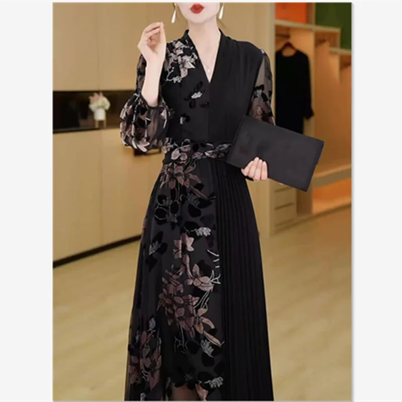 Elegant Flower Print Party Dress Women V-Neck High Waist A-Line Holiday Dress Retro Patchwork Celebrity Pleated Long Dress 562P