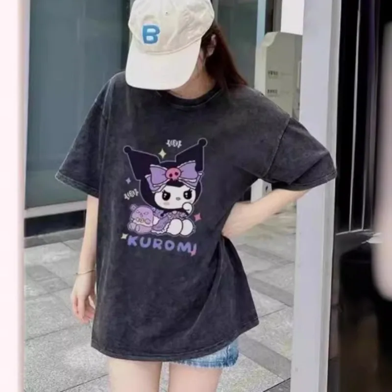 Sanrio Pure Cotton Kuromi Washed Old Black Japanese Cartoon Print T-shirt Kpop Summer New Cinnamoroll Vintage Oversized T Shirt