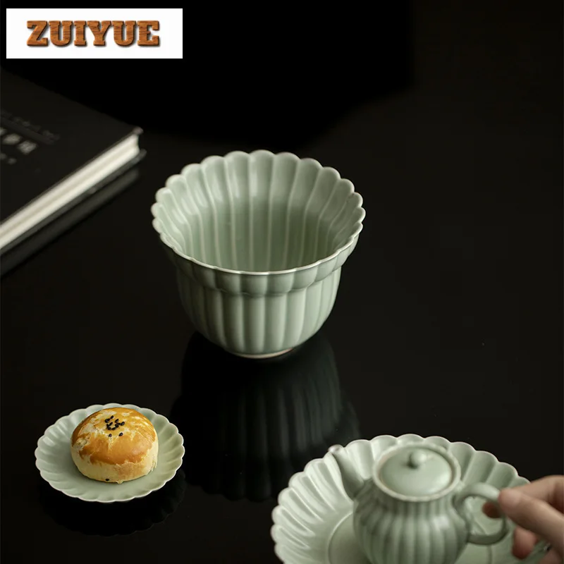 500ml Bean Green Glaze Tea Washing Basin Chrysanthemum Petal Jianshui Tea Wash Writing-brush Washer Tea Residue Barrel Chaxi