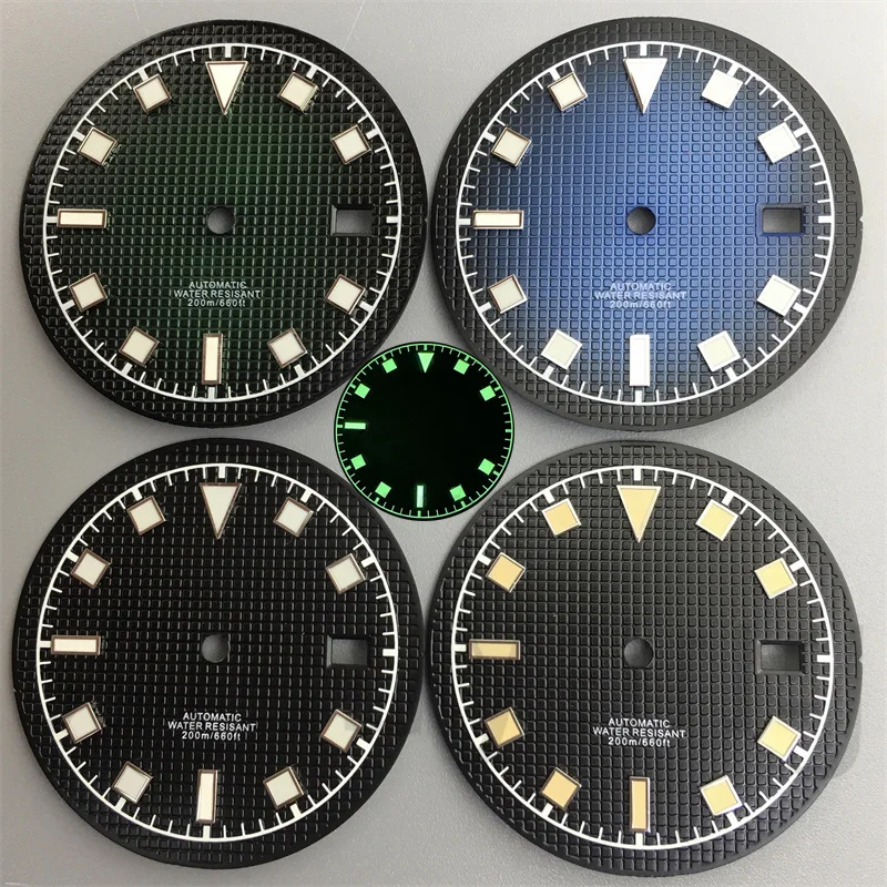 NH35 33.5MM Watch Dial Textured Dial Gradient Black Green Blue With Green C3 Luminous Watch Modification Parts for NH35 Movement
