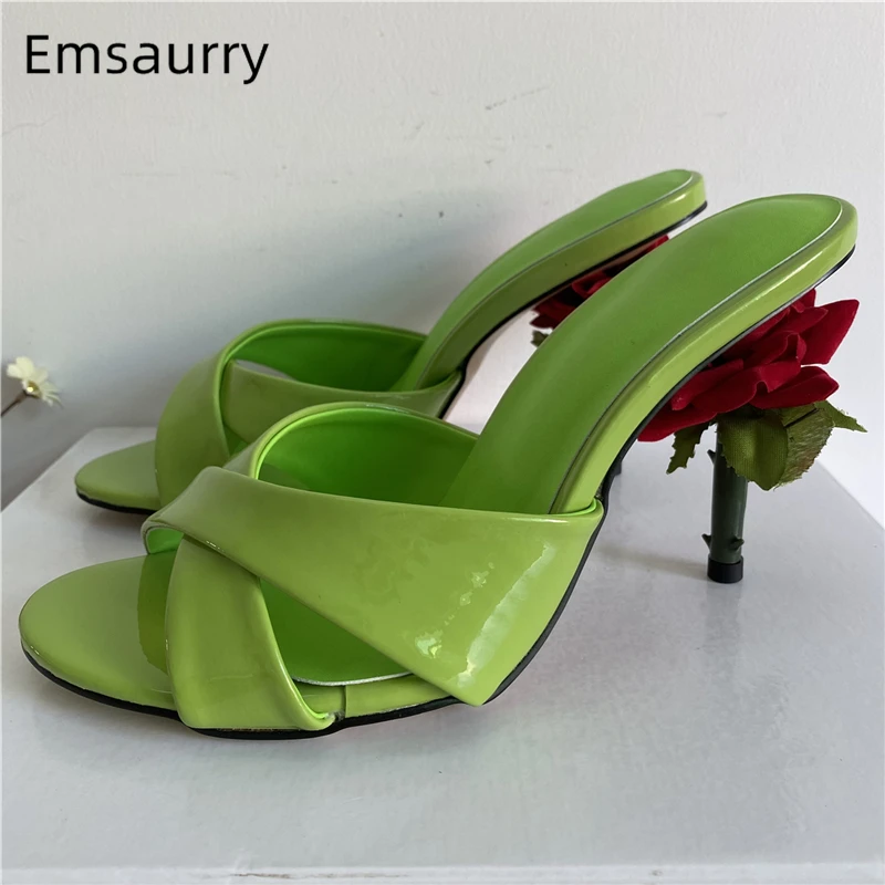 Upward Handmade Rose Flower Heel Sandals Women Luxury Patent Leather Cross Band Slingbacks Summer Mules