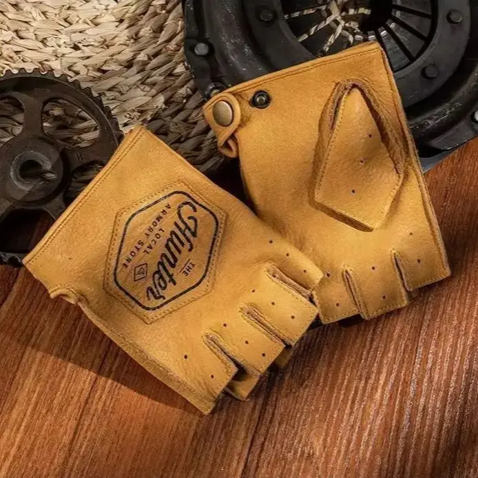 Motorcycle Retro Leather Half Finger Gloves Anti Slip for Cycling and Fitness