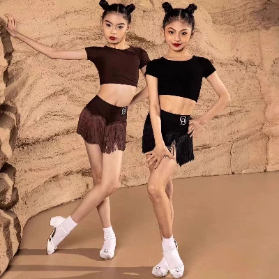 Ensemble de danse latine pour filles, vêtements d'été pour enfants, jupe à franges noire, Cha Cha Rumba Samba, vêtements d'entraînement de danse, nouvelle collection 2025