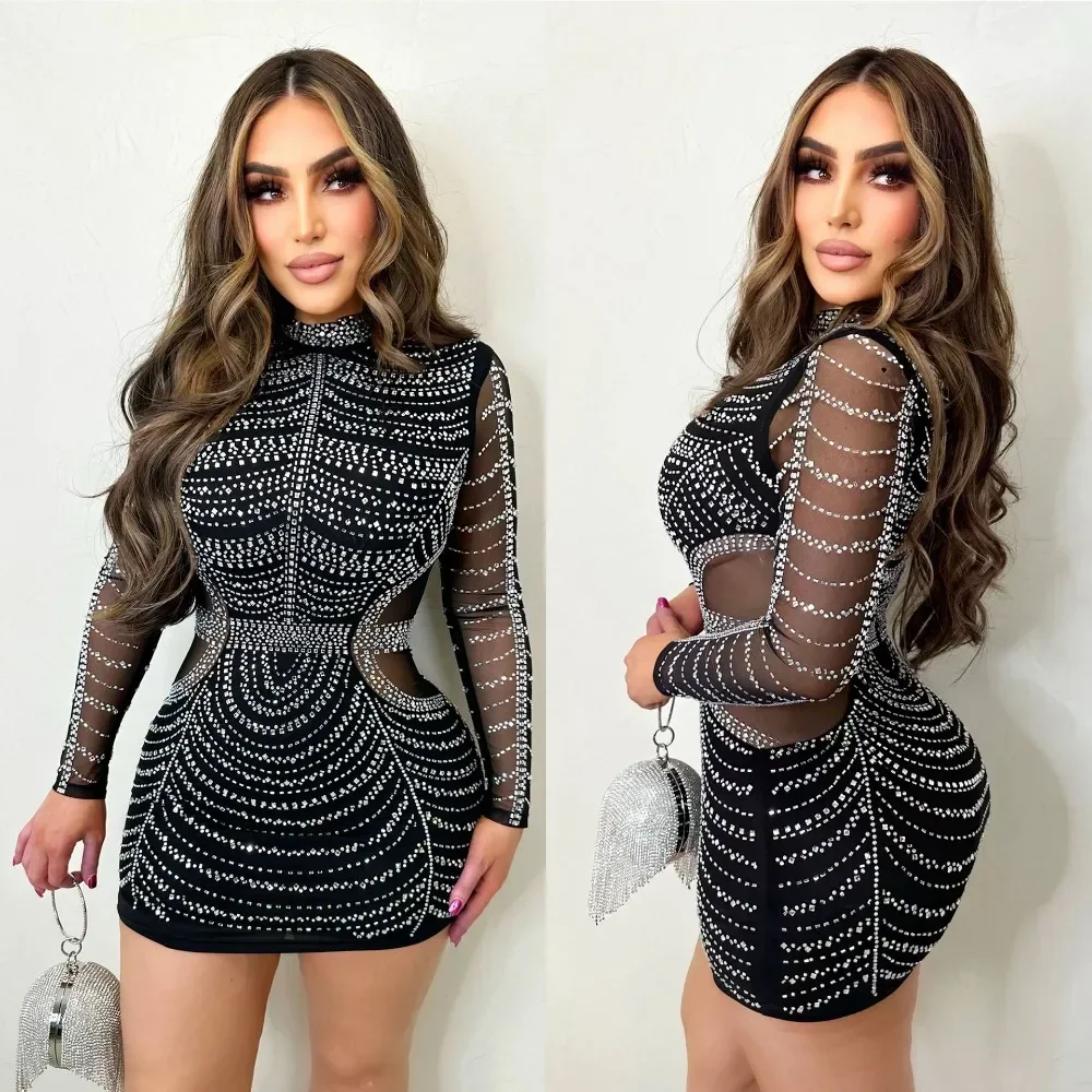 2023 Famous Elegant Design Dress Solid Transparent Diamond O-neck Sexy Mini Dress Evening Dress Bodycon Vestidos