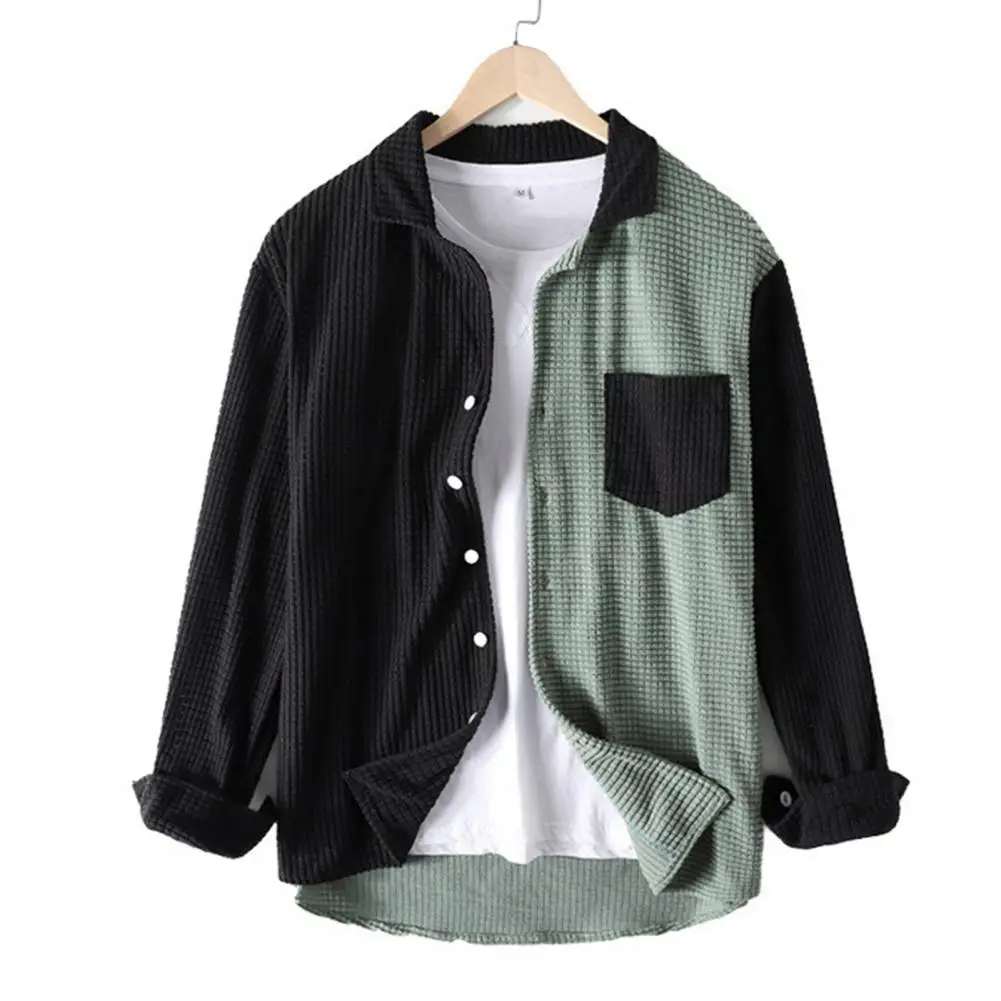 Color Block Shirt Coat Men's Lapel Long Sleeve Shirt Coat with Patchwork Color Waffle Texture Single Breasted Jacket for Spring