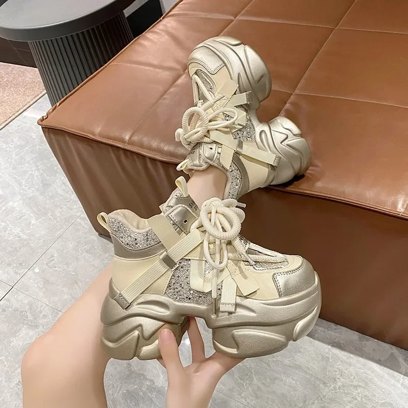 8CM Autumn Winter Chunky Sneakers Women Lace Up Platform Sports Shoes Thick Bottom Warm Snow Shoes Female Heels Bling Sneakers