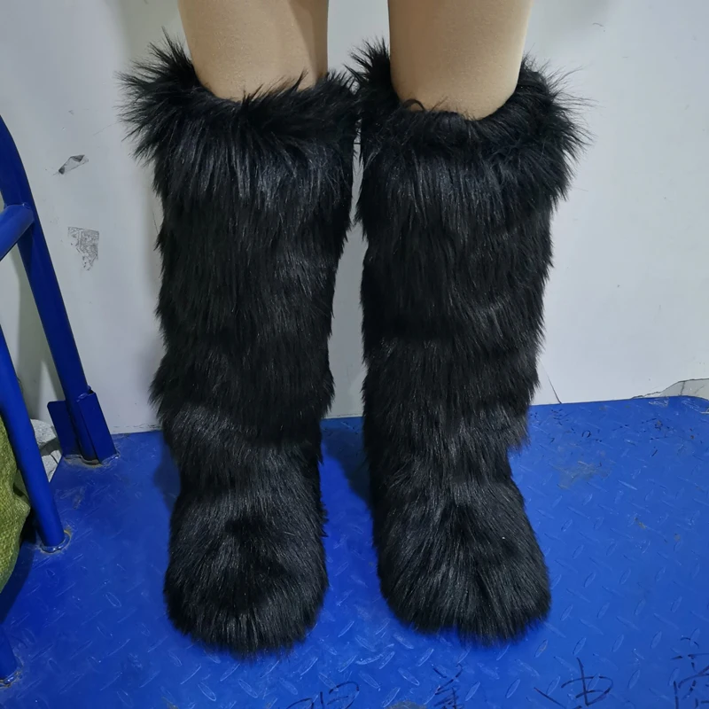 2024 inverno coxa alta botas macias senhoras peludo pele de raposa do falso longo sapatos quentes feminino novo designer de pelúcia joelho botas de