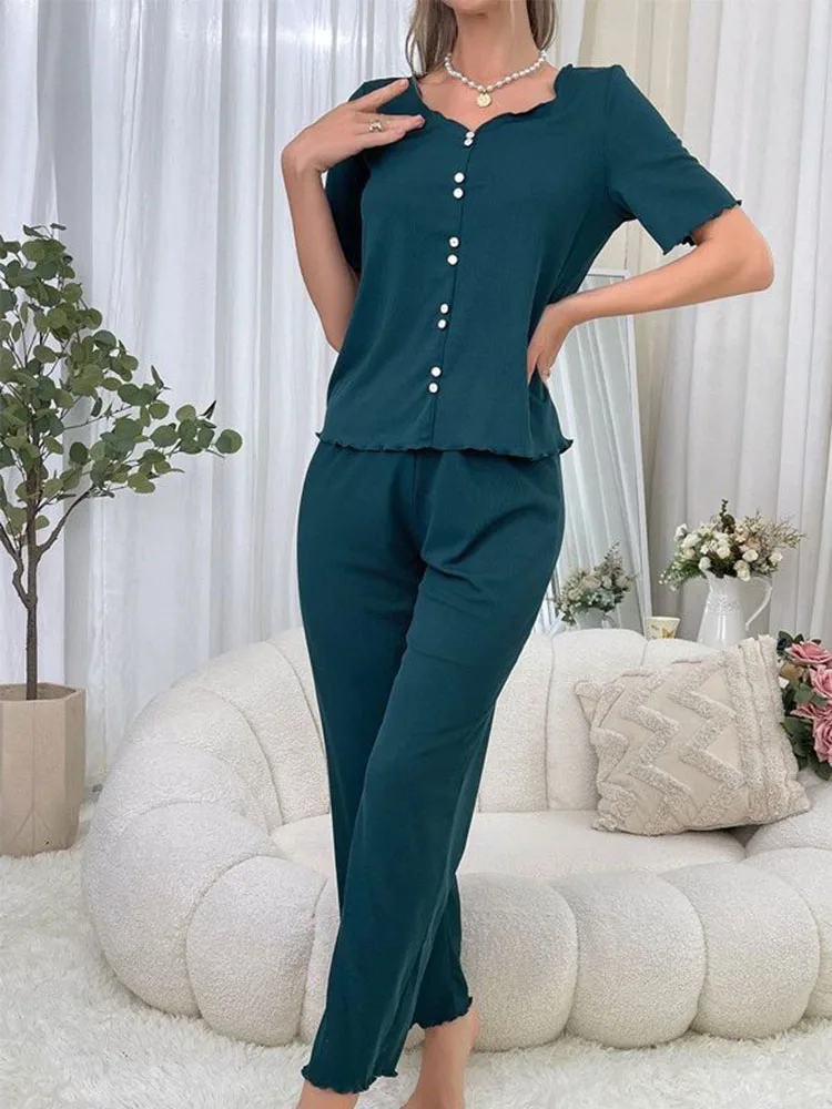2026 Summer Simple Solid Color Pajama Set Women's Fashion Button Decor Short Sleeve Tops Pants New Casual Female Loungewear