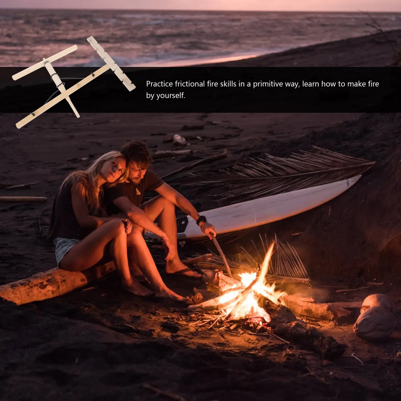 

1pcs Natural Wooden Drill Fire Starter Kit Outdoor Friction Primitive Parent- Educational Tool For Camping Hiking Survival
