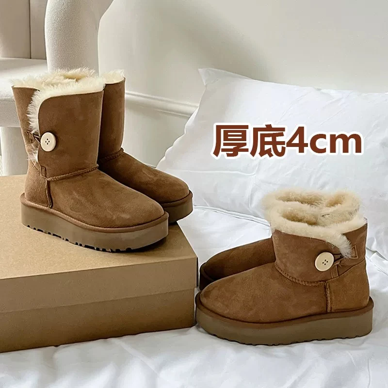 Thick bottomed wooden buckle sheep fur integrated height increasing snow boots new women's warm