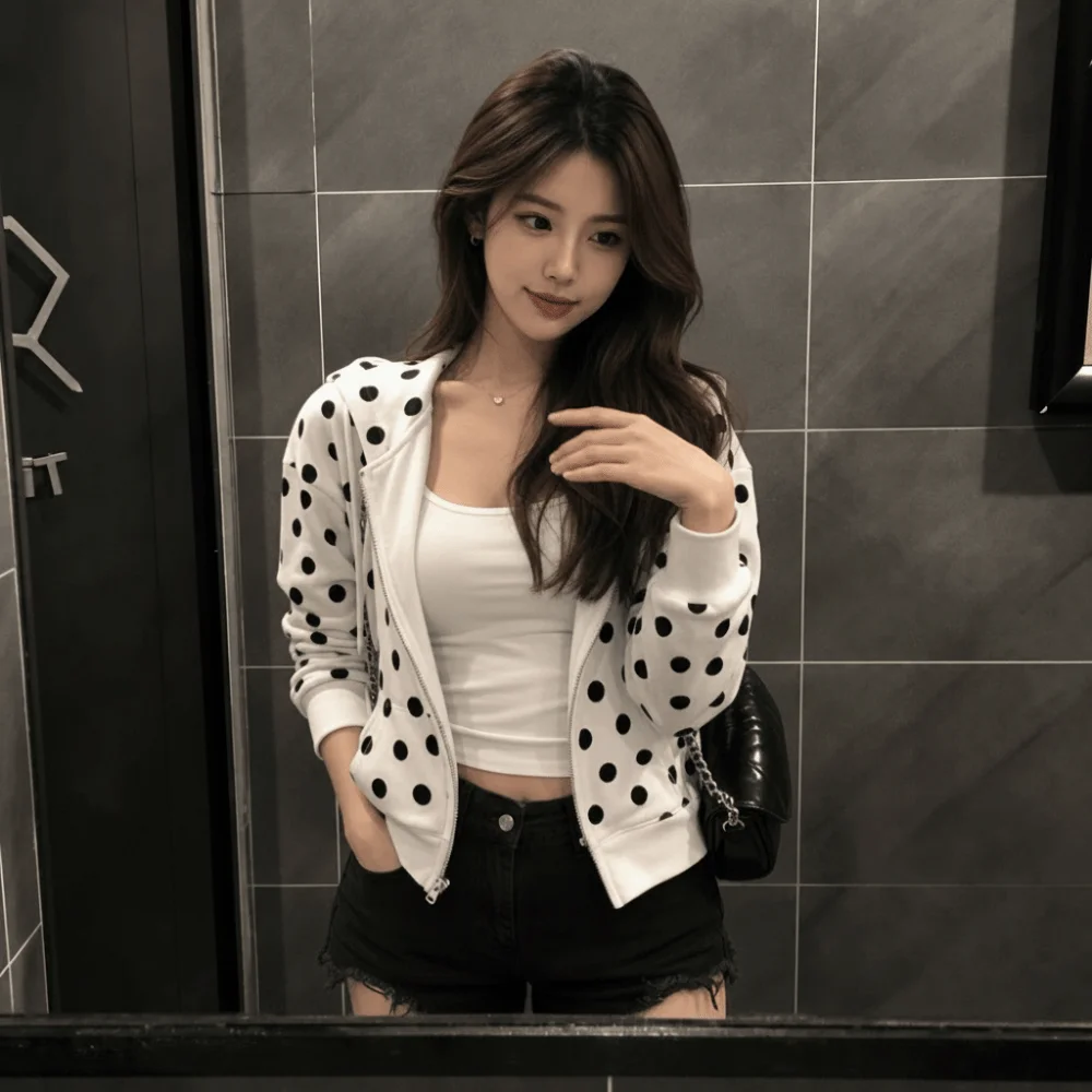 Trend Polka Dot Printing Women Hoodies Zipper Closure Slim Fit Sweatshirts Casual Zipper Jacket Top for Women