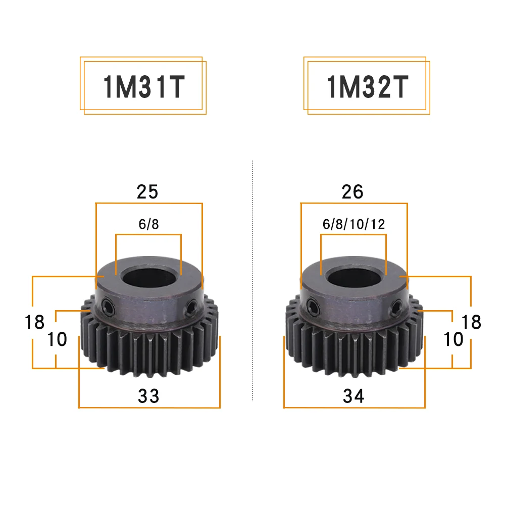 Module 1 Metal Gear 1M-31T/32T/33T/34T SC45#Carbon Steel Material Blackening Spur Gear Bore Size 6/8/10/12 mm For Transmission