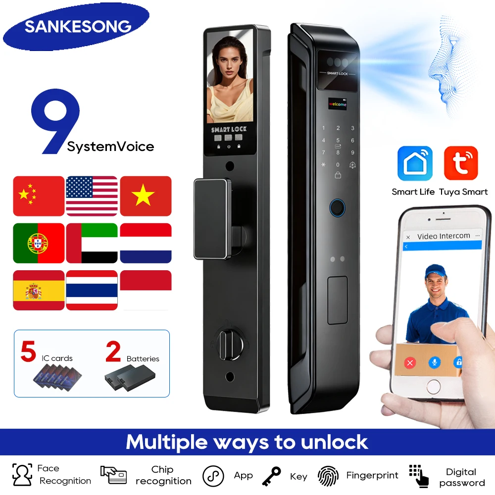 

SANKESONG Tuya 3D умный замок с распознаванием лиц и камерой безопасности цифровой электронный интеллектуальный замок с отпечатками пальцев двойной батареи