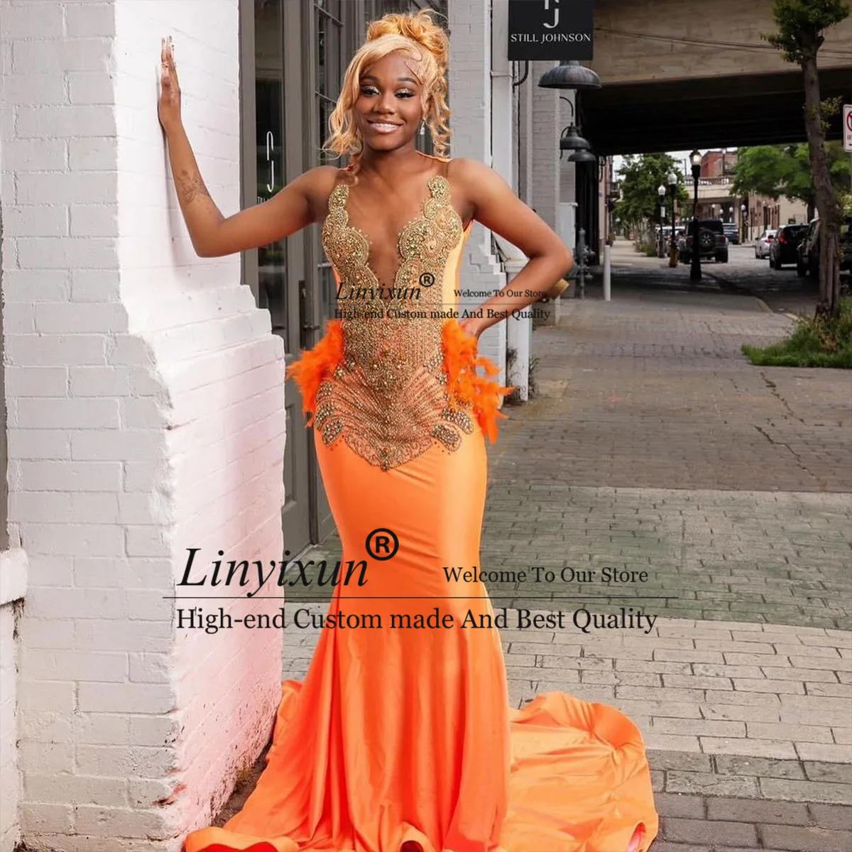 Crystal 2024 Luxury Orange Sequin Prom Dresses 2024 For Black Girl Rhinestone Mermaid Evening Party Gown Formal robe chic soirée