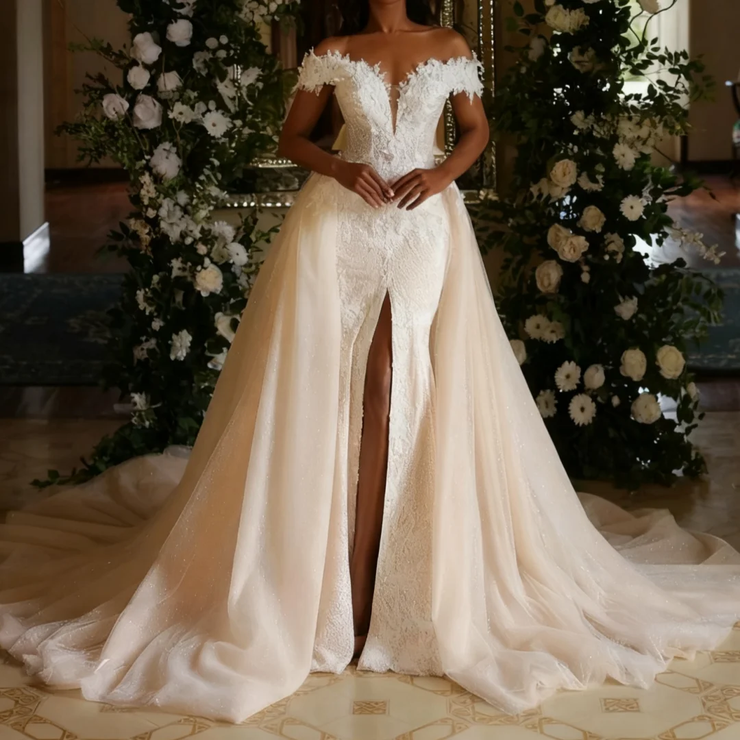 

Elegant Lace Floral Applique High Slit Beading Bride Bridal Gown Vintage Mermaid Wedding Dress Customized