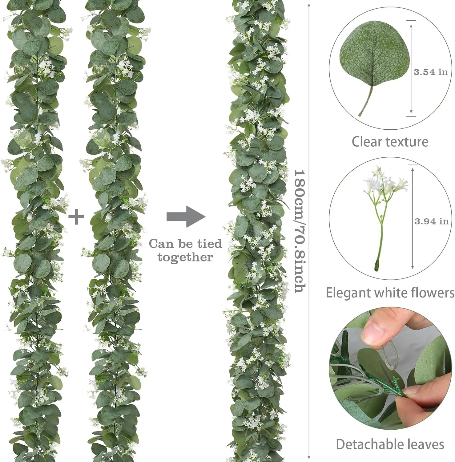 

Eucalyptus Garland with White Flowers, 4 Packs 5.9Ft Artificial Silver Dollar Eucalyptus Leaves Plant Fake Greenery Hanging Ivy