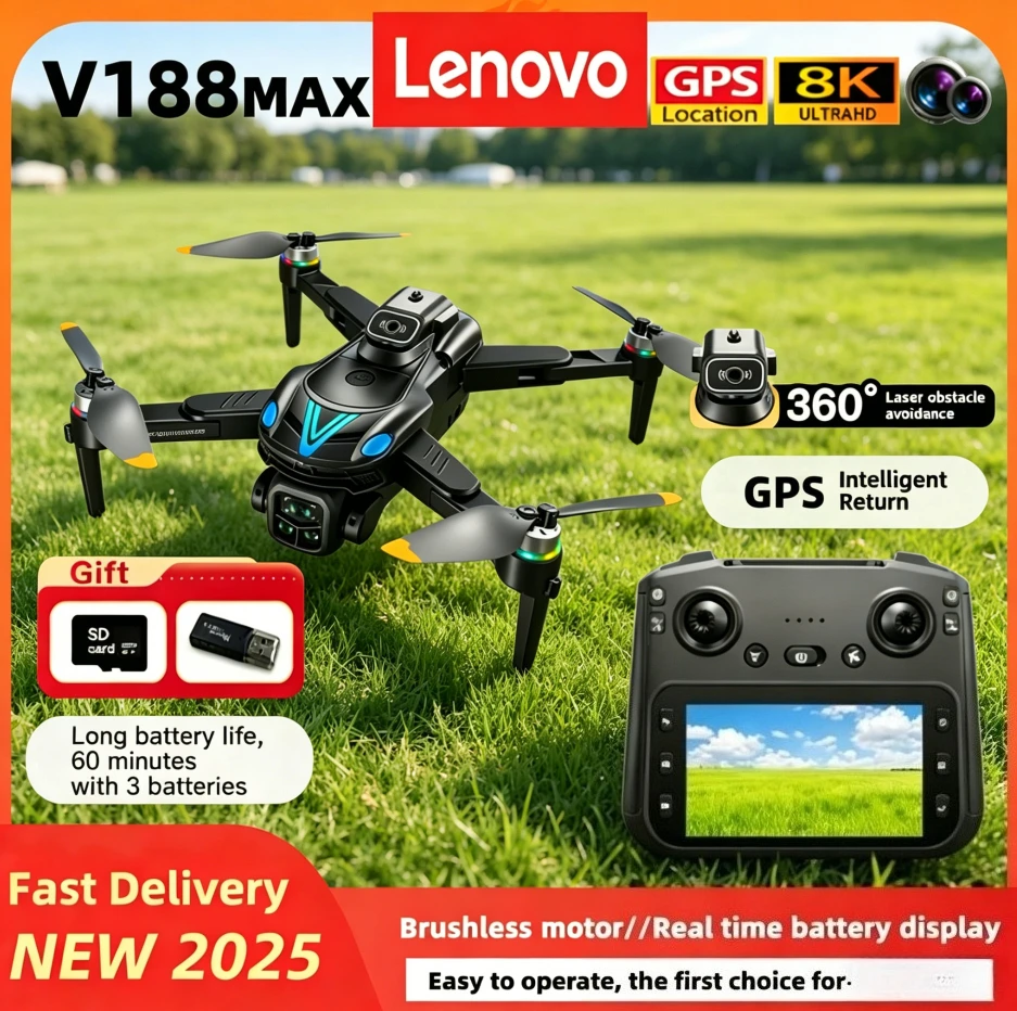 

Дрон Lenovo V188MAX GPS 8K с профессиональной камерой, FPV, облетом препятствий, пультом ДУ с экраном, складной