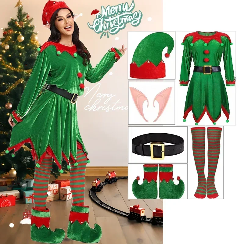 

Santa Clause Cosplay Christmas Costume Green Elf Dress Striped Stockings Shoes Belts Full Set Halloween Party Uniform Suit 2025