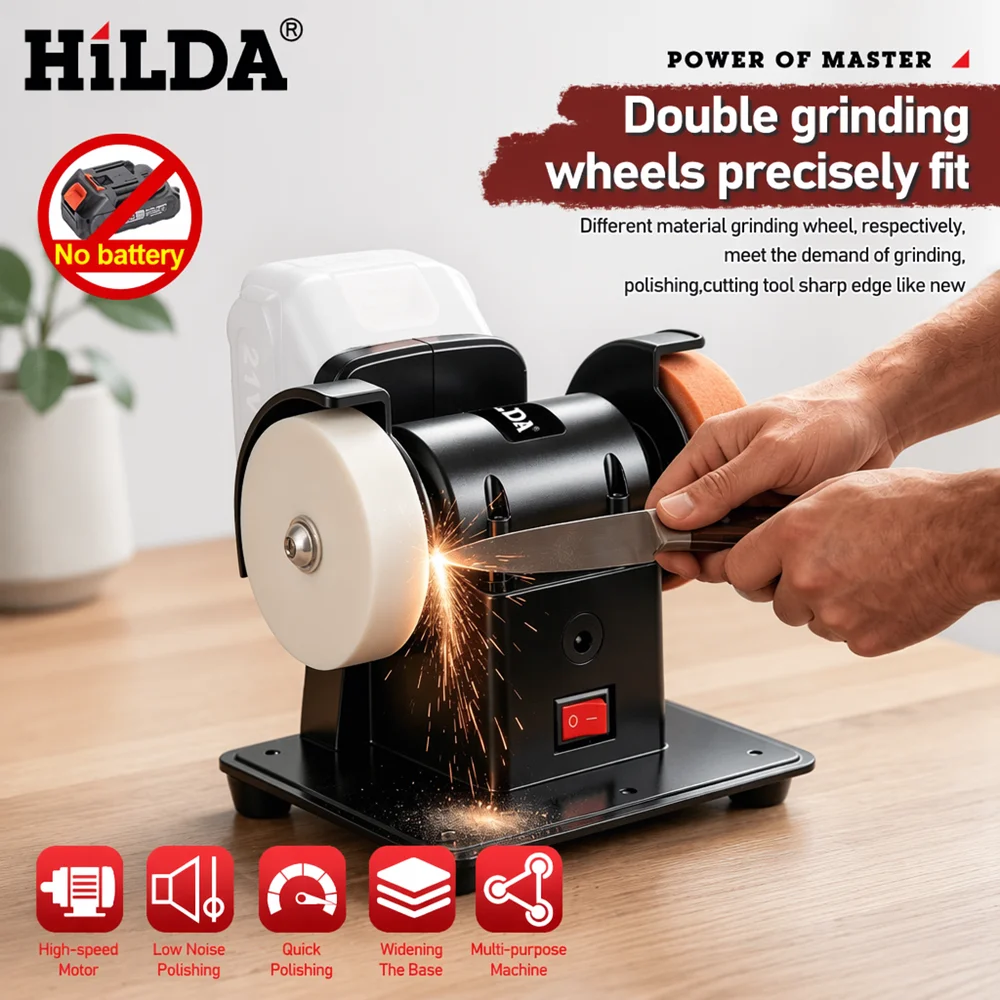 HILDA Electric Bench Grinder Double Grinder Machine Cordless Dual Wheel Metal Stone Knife Polishing Grinding For Makita Battery