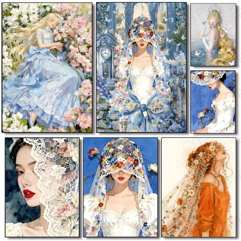Gentle Art W-Woman with Flowers Poster Painting Wall Art Mural for Living Room Home Decor and Gifts