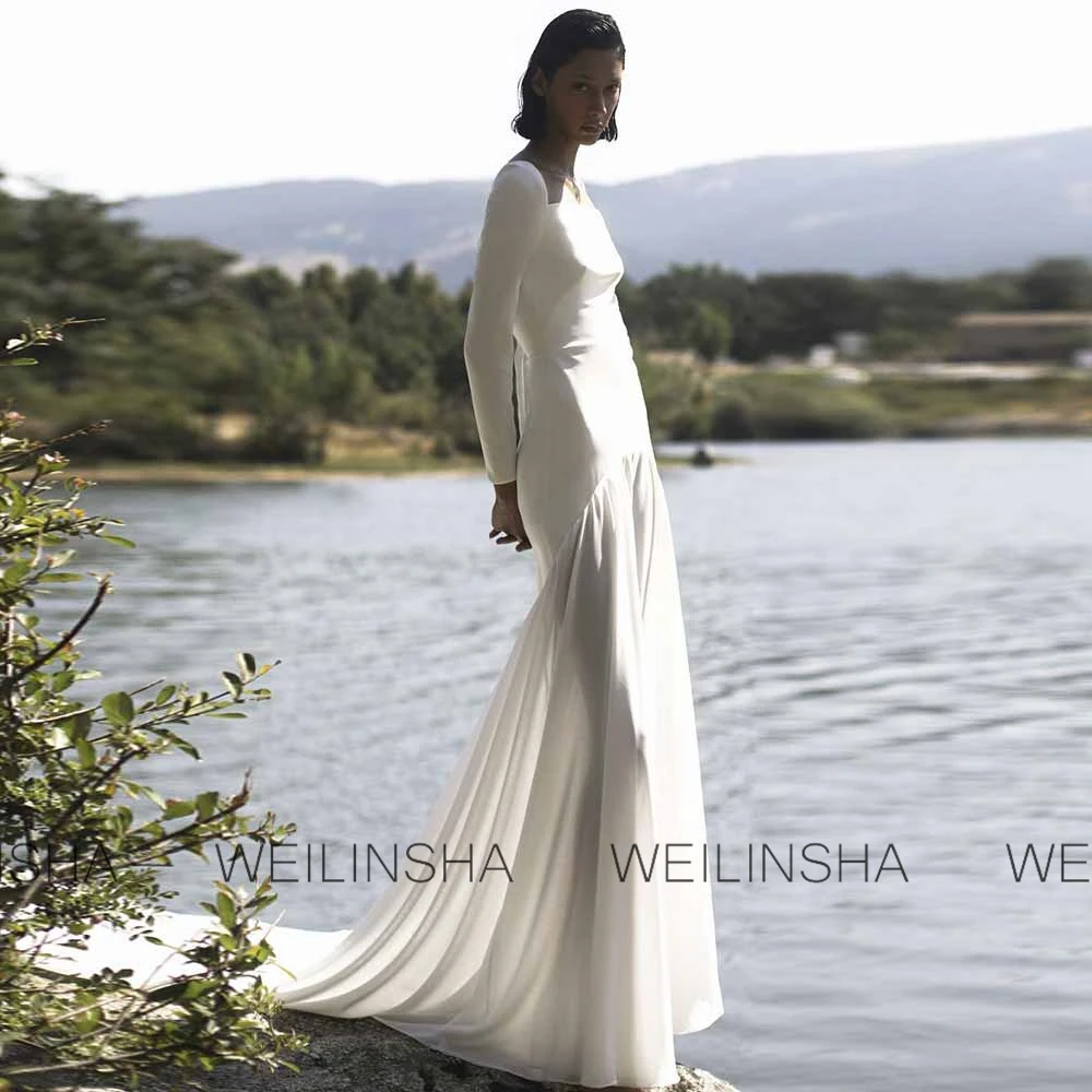 Modern Wedding Dresses Jersey and Chiffon A-line Wedding Party Dresses White Square Neck Ruched Tailing Splicing Wedding Dresses