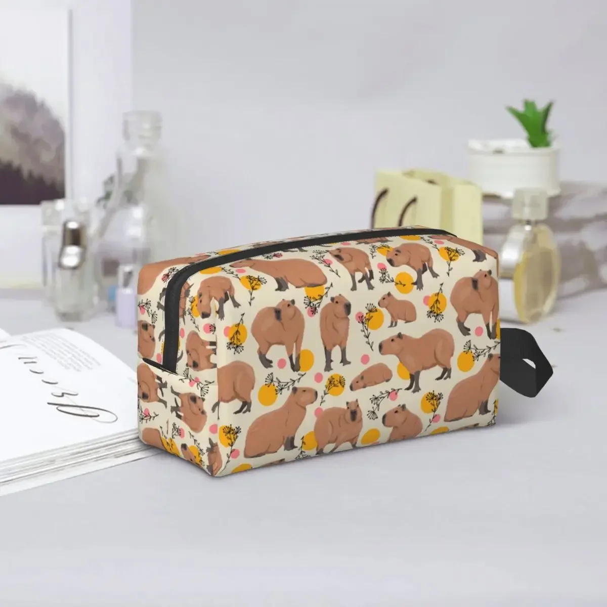 Borsa da toilette da viaggio personalizzata Kawaii Capybaras Doodle Plants Pattern Borsa da toilette da donna per trucco cosmetico Kit Dopp per