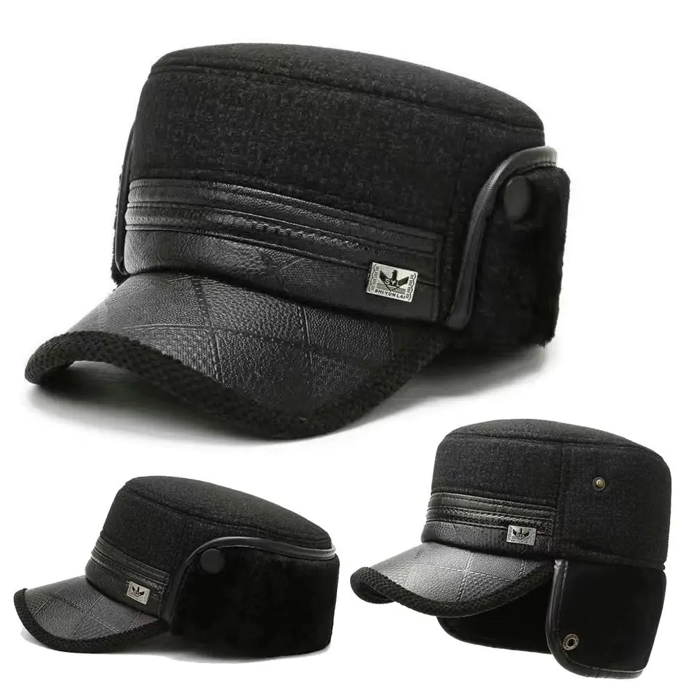 New PU Leather Earmuffs Cap Thickened Windproof Middle-aged And Elderly Hat Ear Protection Hat Men