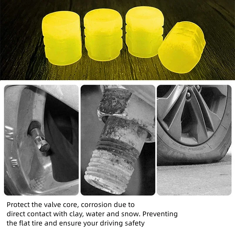 Automobile Tire Valve Cap Fluorescent Yellow Night Glowing Car Motorcycle Wheel Styling Tyre Hub Universal Auto Accessories