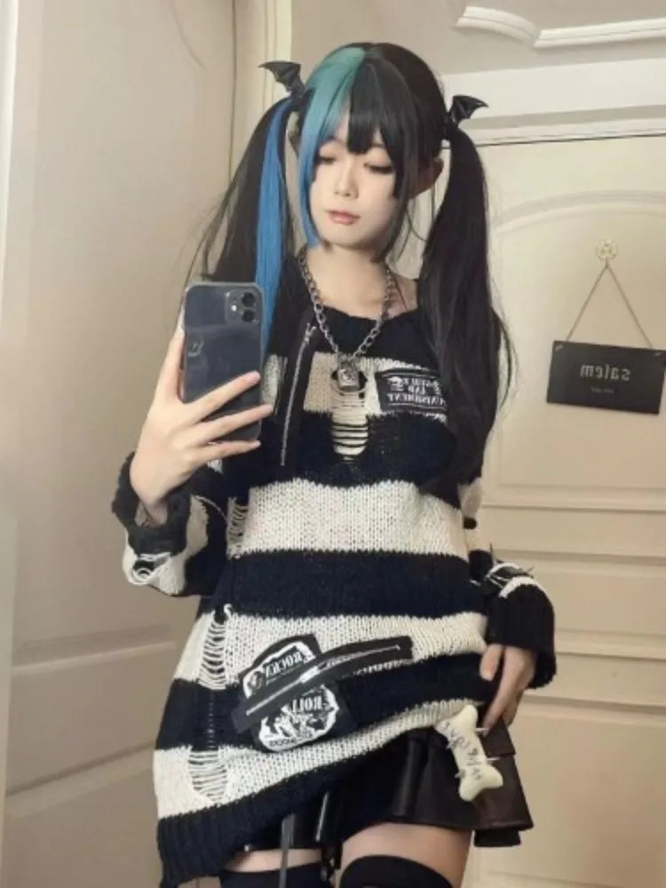 Autumn Japanese Dark Gothic Style Cut Out Stripe Sweater Women Y2k Punk Harajuku Subculture Round Neck Knitted Tops Fashion New