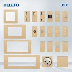 DELEFU Israel Socket DIY Blank Board USB TypeC Doorbell Switch 45A 20A Curtain TEL CAT5 TV HDMI SAT Smart Golden