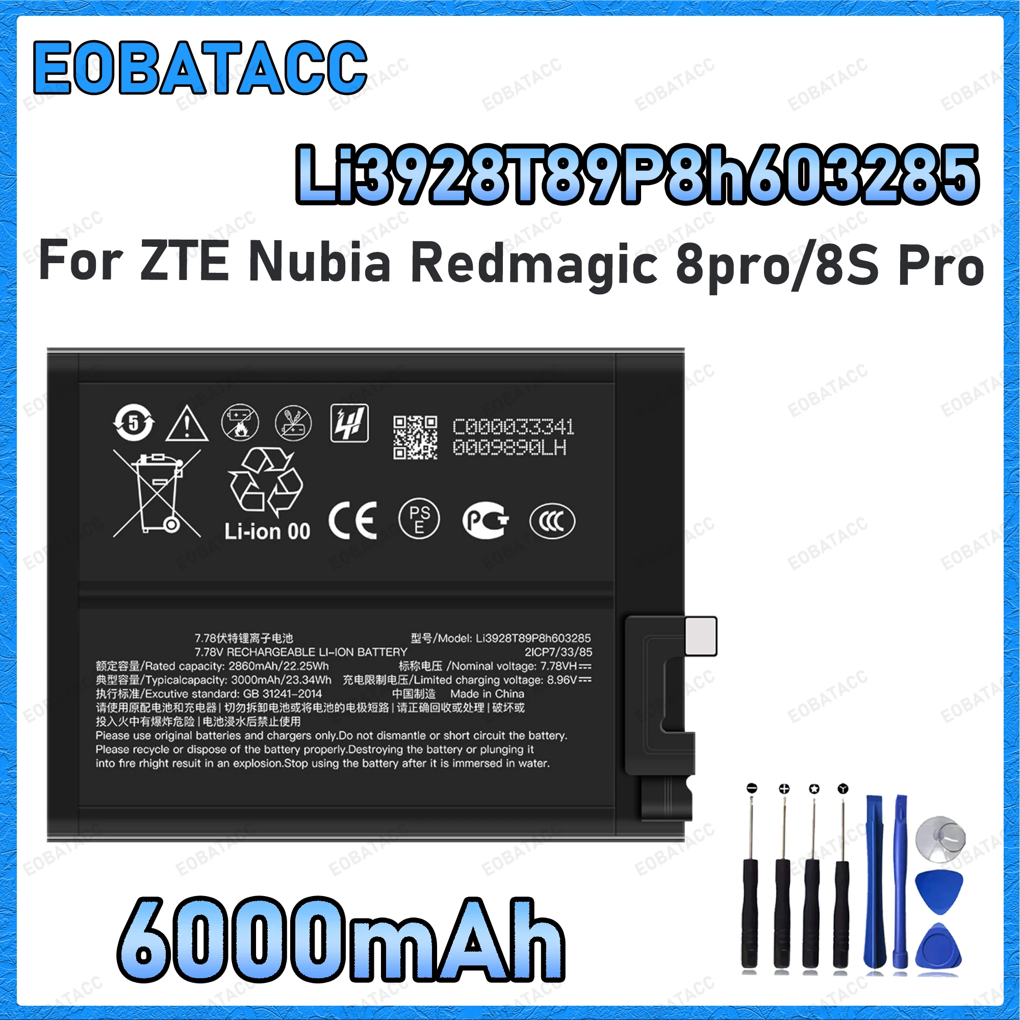 6000mAh Li3928T89P8h603285 Replacement Battery for ZTE Nubia Redmagic 8pro/8S Pro battery Repair Tools Kit