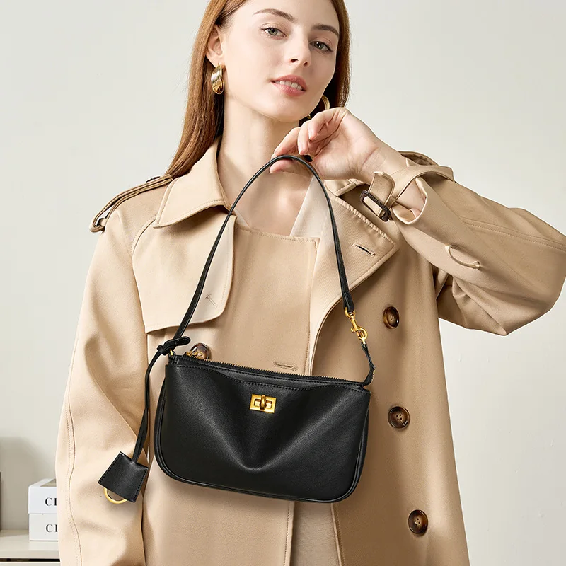 

2026 Gold Buckle Spring New Luxury Brand Women Shoulder Bags Split Leather Black Handbags Women Fashion Underarm Bags