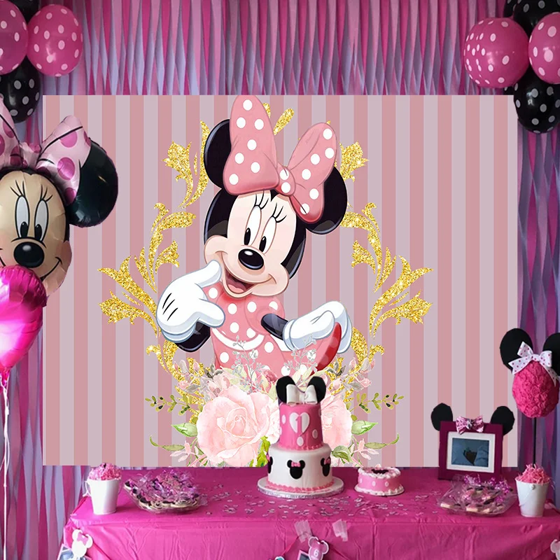 Disney Gold Pink Glitter Minnie Mouse Backdrop Party Supplies Flower Photography Backdrop Birthday Background Girls Decoration