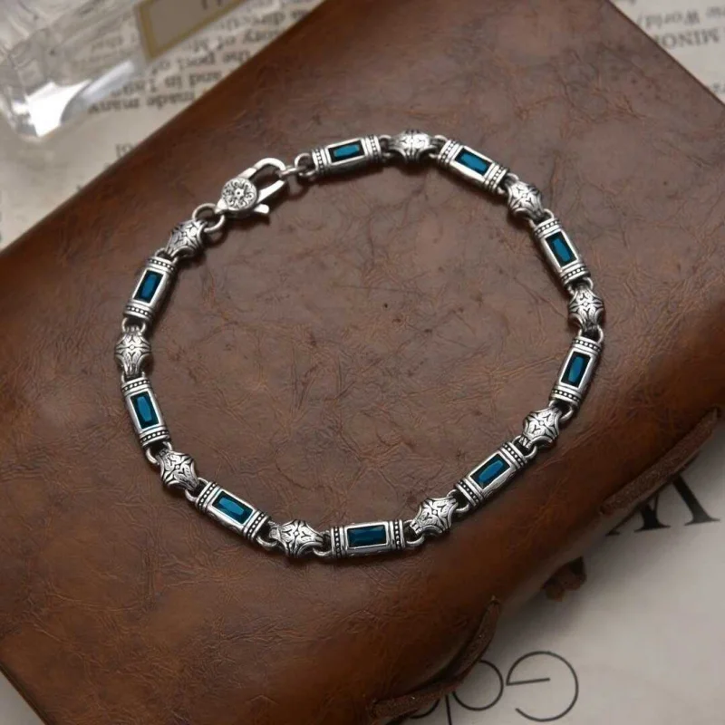 Vintage Heavy Grass Pattern Inlaid Stone Bracelet 5Mm Wide Unisex New Ethnic Style Fashion Versatile