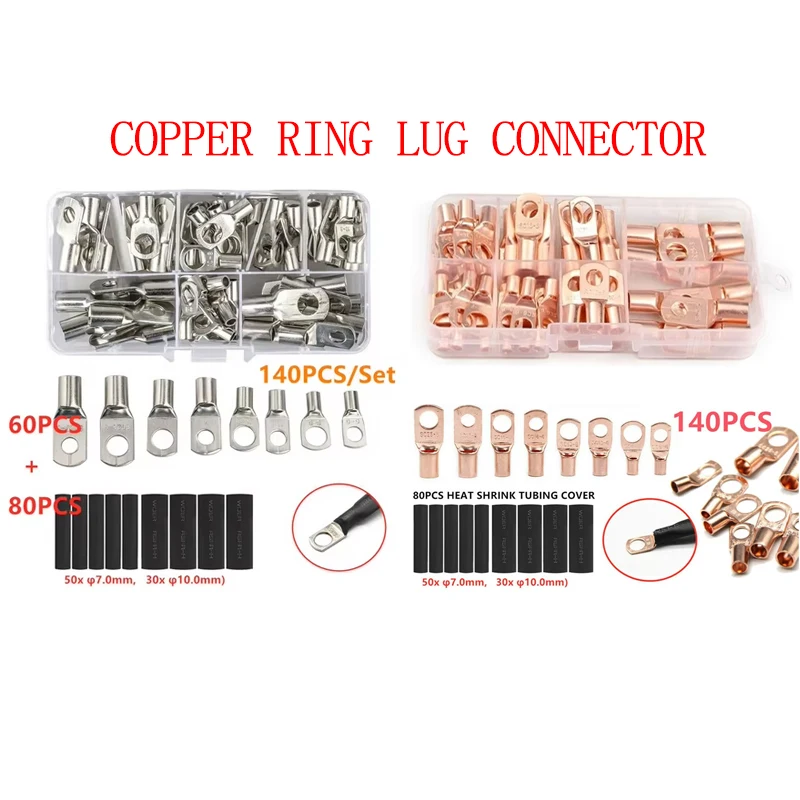 60X Copper Terminal Crimp Terminal Ring Lug Tin plated Terminal SC6-25+80X Heat Shrink Tubes 7mm 10mm Wire Crimp Connector Kit