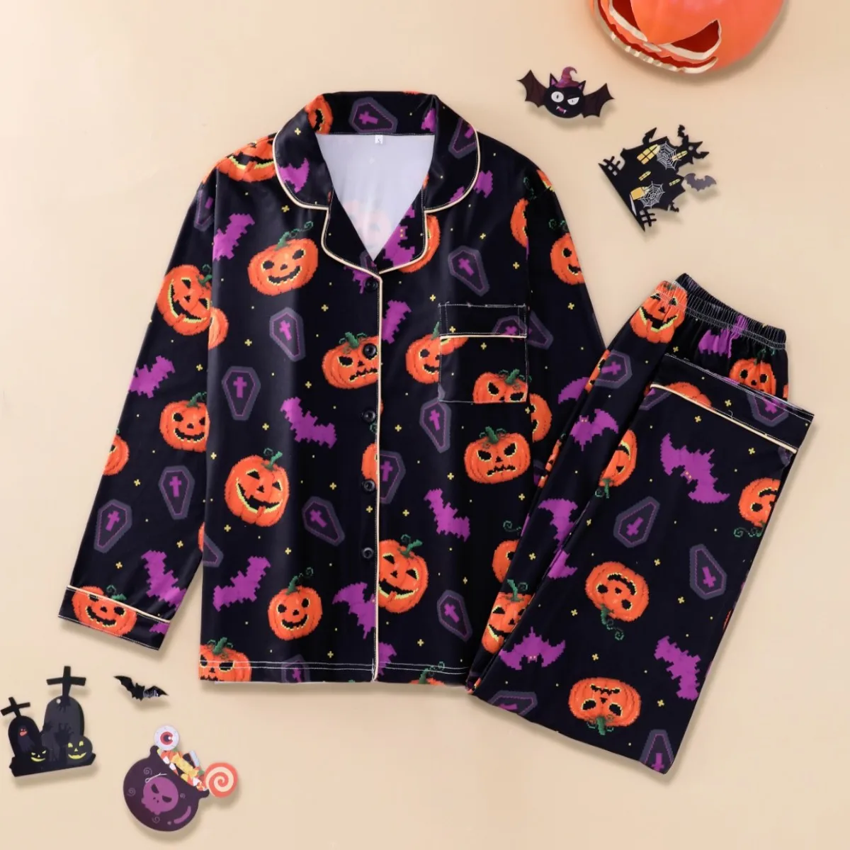 

European Halloween Ladies Homewear Lapel LongSleeve Trousers, Soft Breathable Casual Outfit Warm Autumn Daily Loungewear Pajamas