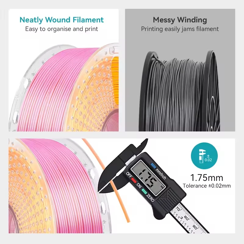SUNLU 2KG Silk PLA Plus Filament Dwukolorowy 1KG 1.75mm Pla+ Rabinbow Dwukolorowy, Równo Nawinięty Filament 3D do Drukarki 3D — zdjęcie produktu 5