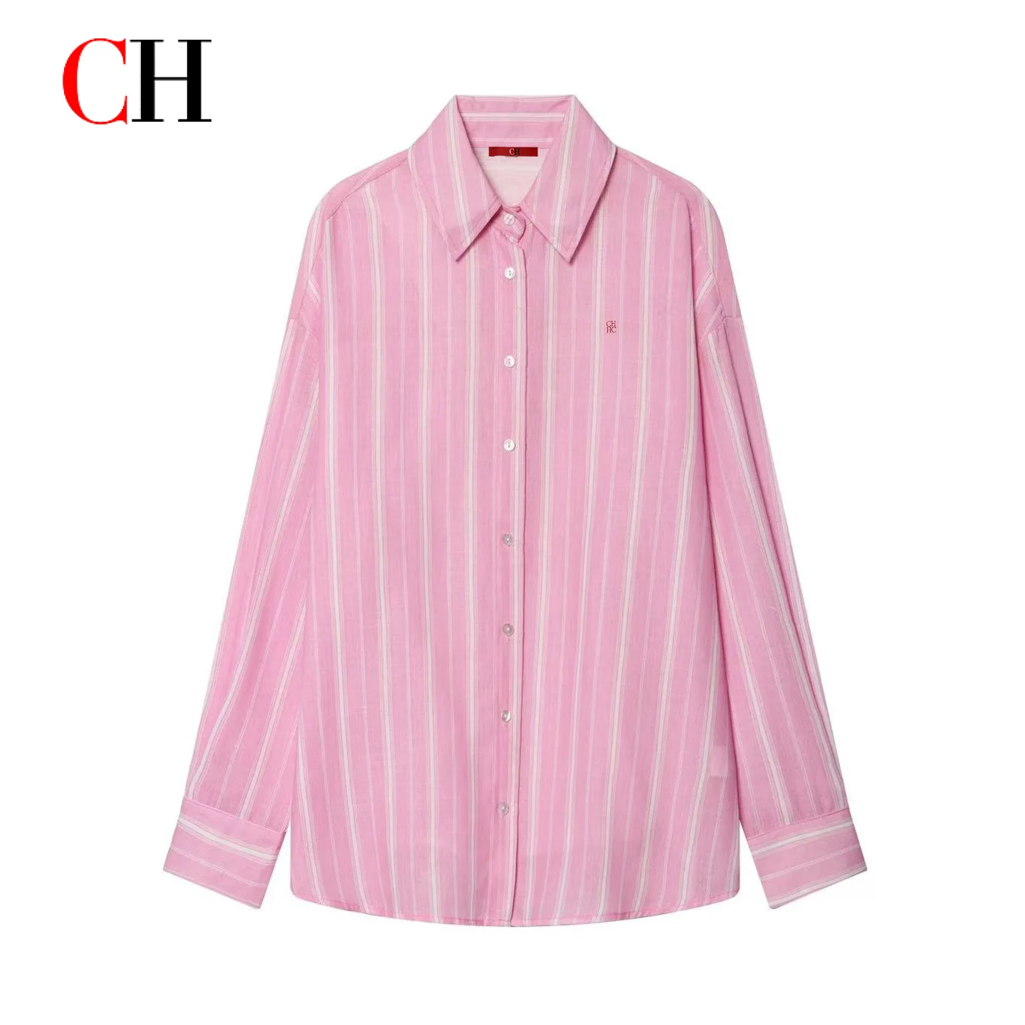 CH Logo Embroidered Striped Two Piece Set Women Long Sleeve Shirt Midi Skirt Soft Sweet Casual Daily Outfit