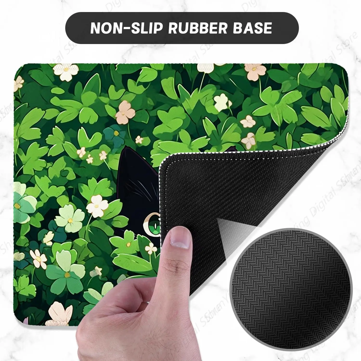 Green Leave Cat Gaming Mouse Pad With Anti Slip Rubber Base And Stitched Edges Suitable For Laptop Office Use 25*30cm