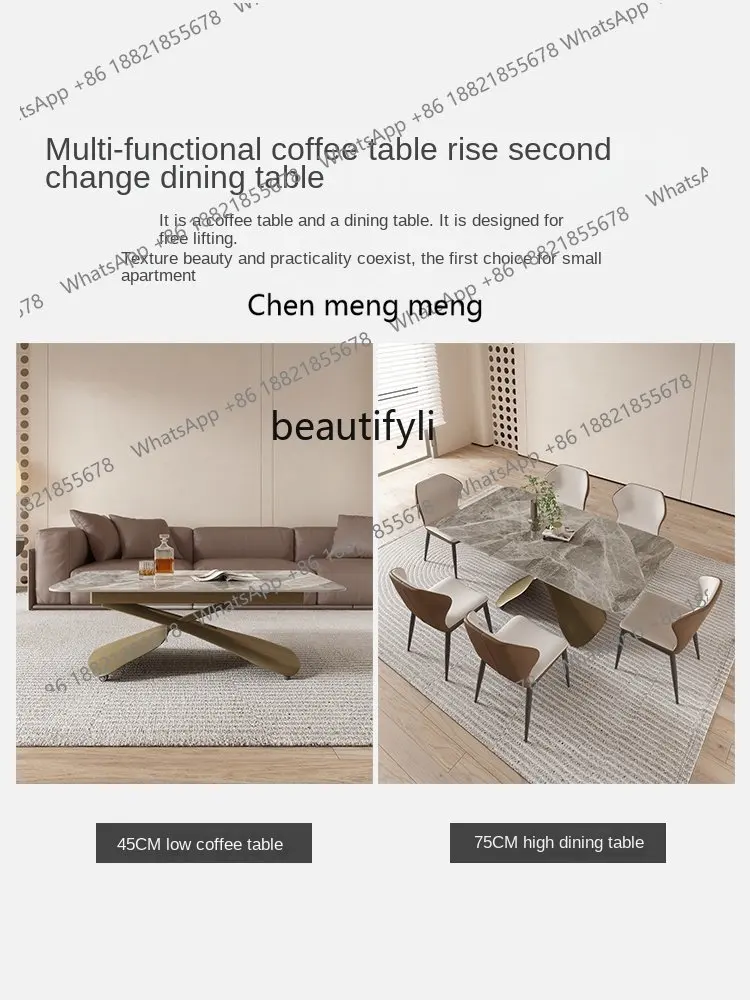 S7486 ss yj رفع طاولة القهوة ثنائي الغرض متعدد الوظائف الحديثة ضوء لوحة حجرية فاخرة قابل للسحب طاولة القهوة المتكاملة #3