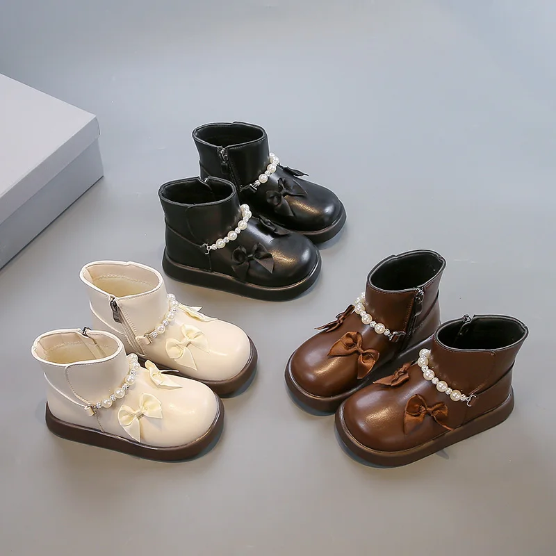 

2025 Girls' Vintage Leather Boots Autumn New Side Zipper Chiffon Bow Princess Ankle Boots With Pearl Decoration