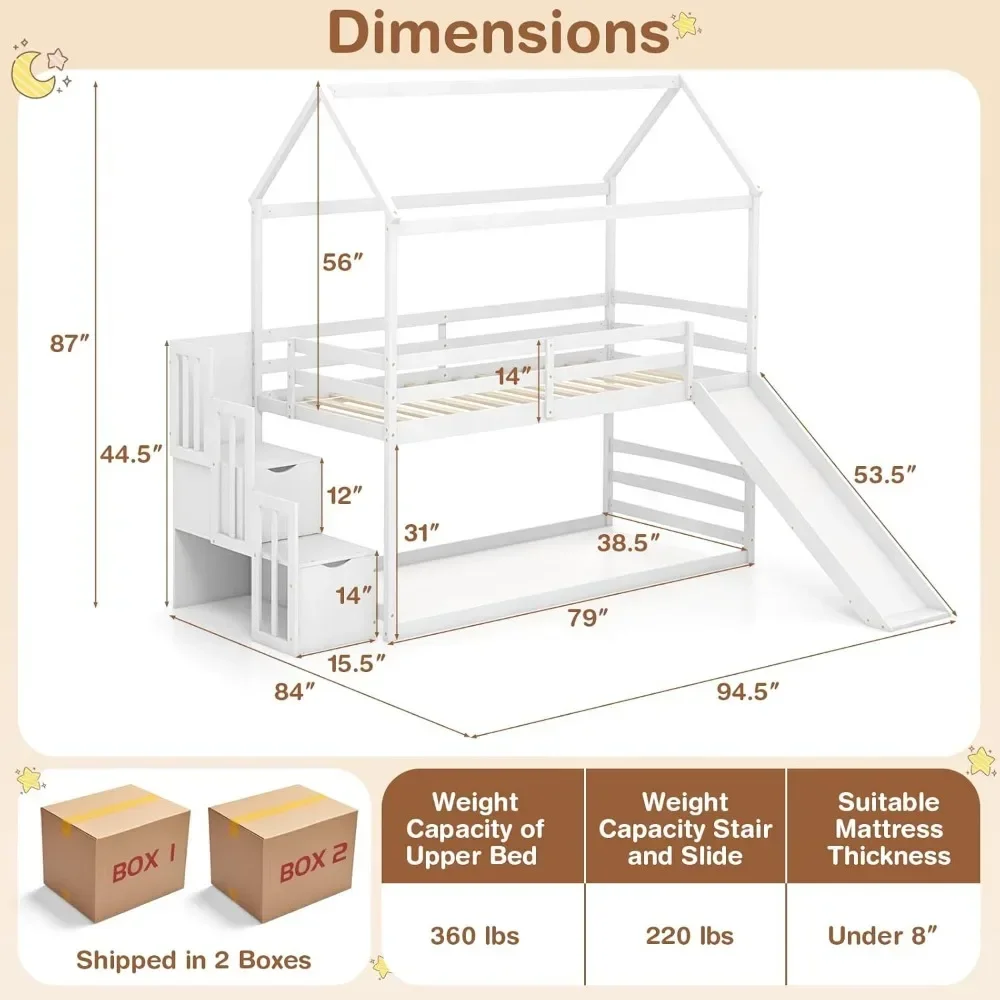 Tweepersoonsbed voor kinderen, houten dubbellaags frame, met schuif- en opbergtrappen, met veiligheidsleuningen, kinderbed