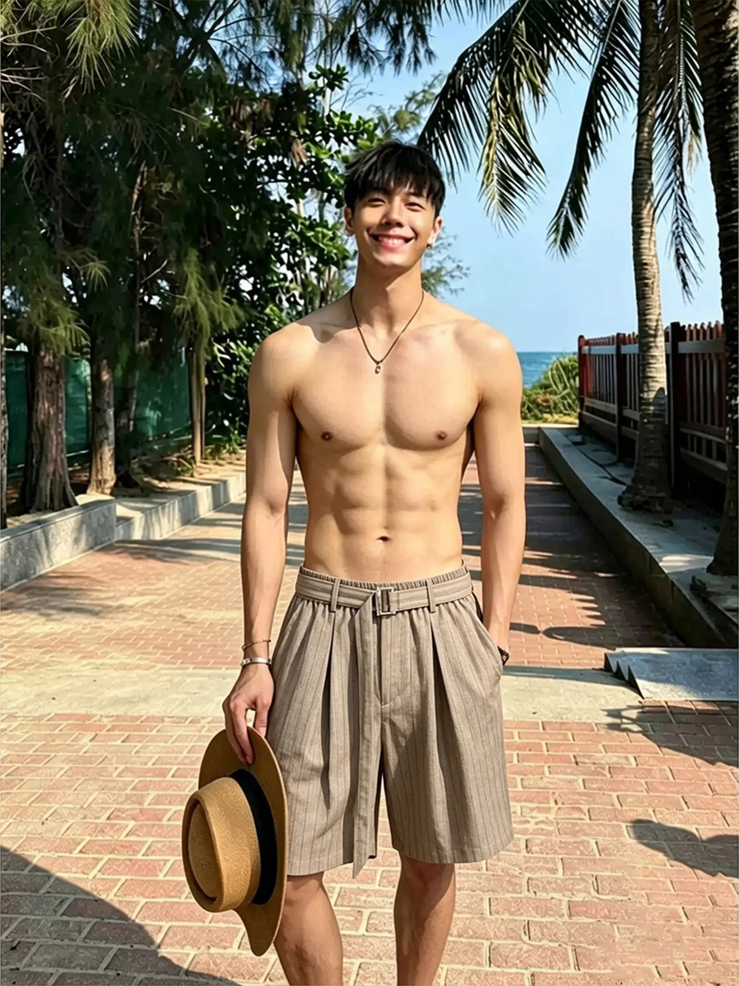 Khaki Vertical Stripe Casual Loose Straight Leg Summer Shorts Men's Fashion Sensation Low Waist Pocket Design Knee-Length