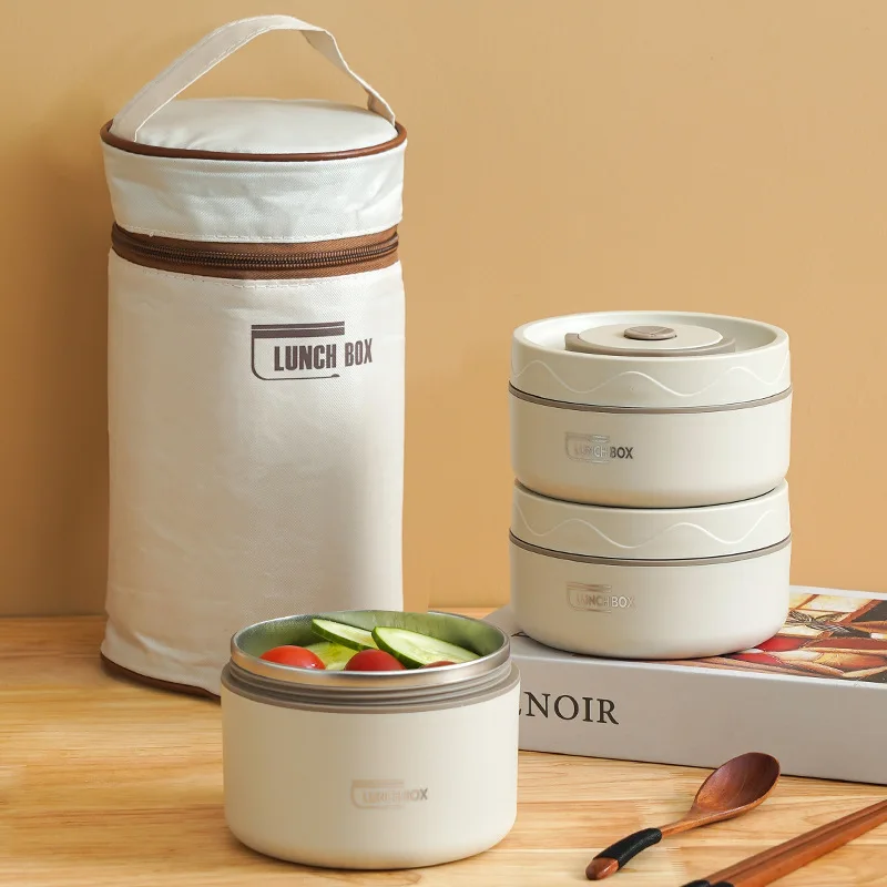 

Portable Thermos 304 stainless steel insulated lunch box leakproof sealed bucket student lunch box multi-layer Round bento box