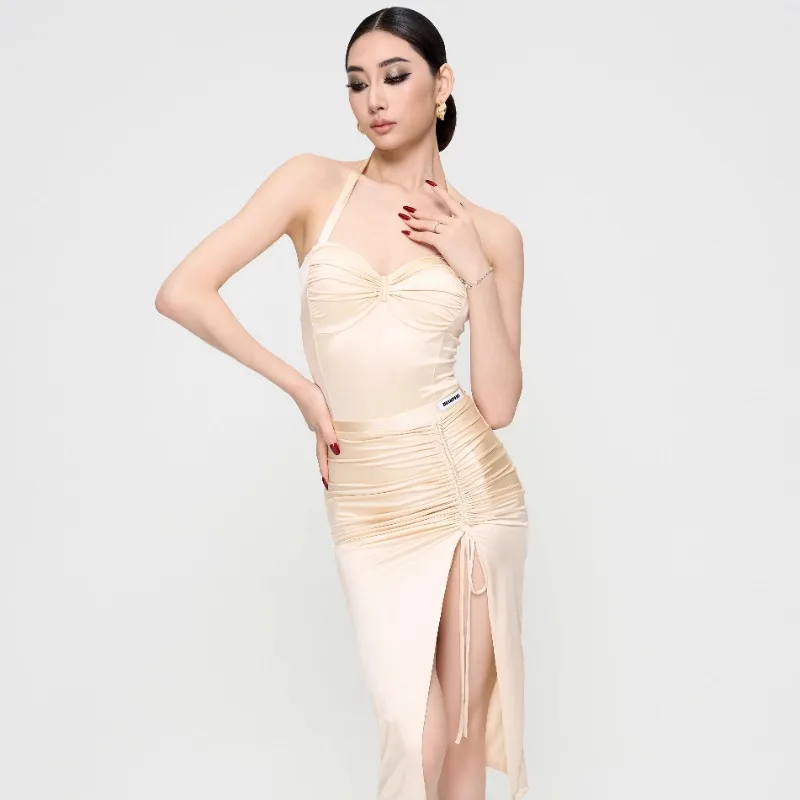 op maat gemaakte hangende nek gerimpelde top trekkoord rok vestidos bailes latinos mujer danskleding vrouwen latin danspak