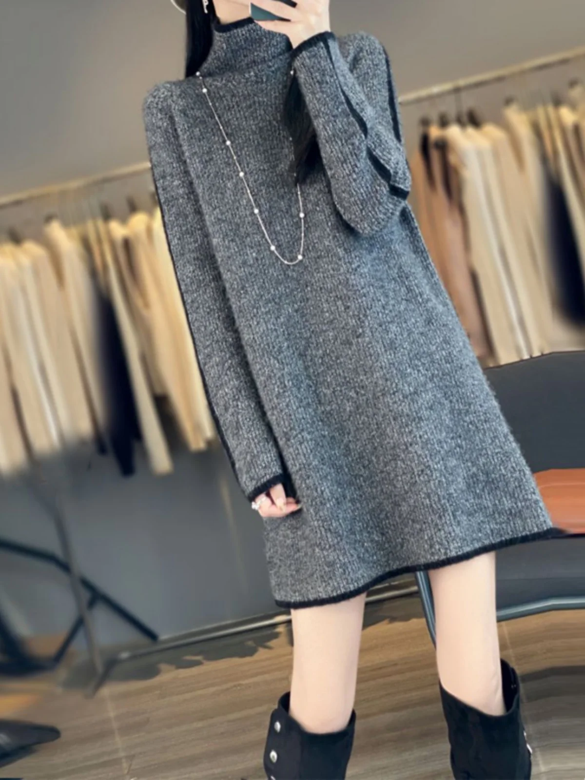 

Зимний утепленный вязаный свитер-платье больших размеров с высоким воротником для женщин, свободный крой, универсальный, в корейском стиле