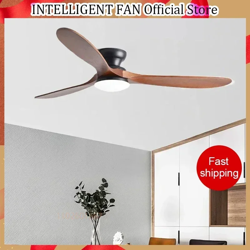 52inch Low Floor Ceiling Fan Light Remote Control Led Llights Indoor Restaurant Solid wood fan leaves With Fan Chandelier